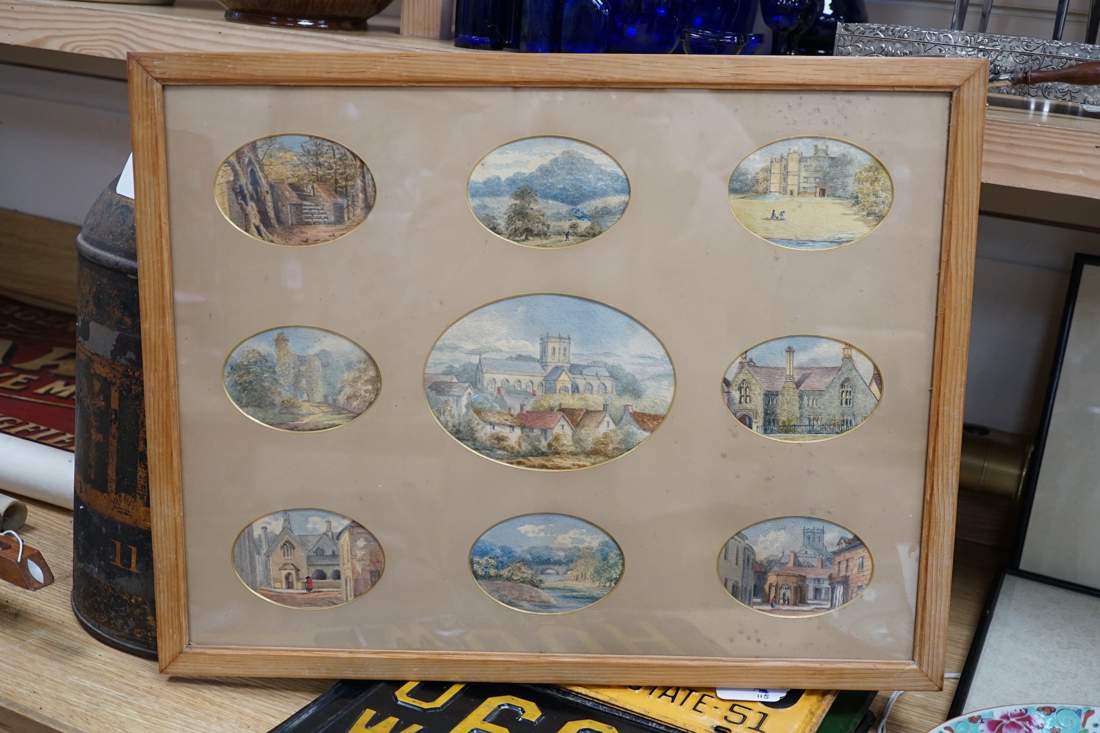 19th century English School, nine watercolours, Views of a country church and surrounding topography, largest 13 x 18cm, framed as one